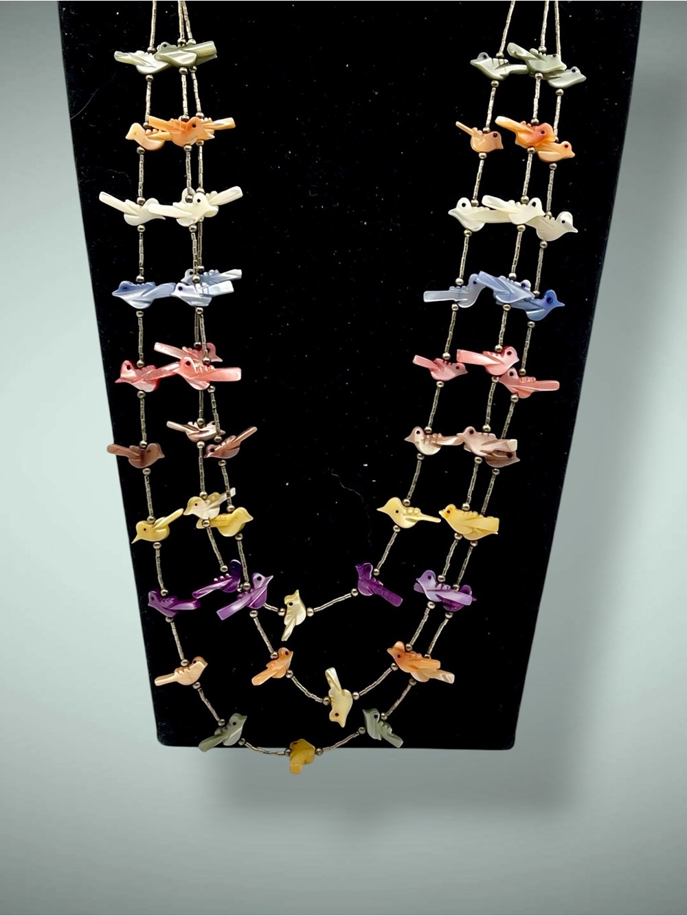 Vtg Native American Zuni 3-Strand Rainbow Bird Fetish Necklace Sterling Silver - Picture 2 of 13